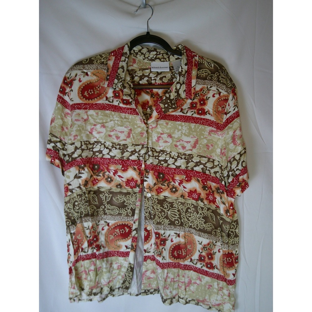 Alfred Dunner Womens 16 Short Sleeve Button Down Shirt Red Brown Paisley Floral